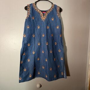 Neerus Kurti Dress Small Denim Embroidered Indian Ethnic Sleeveless Tunic